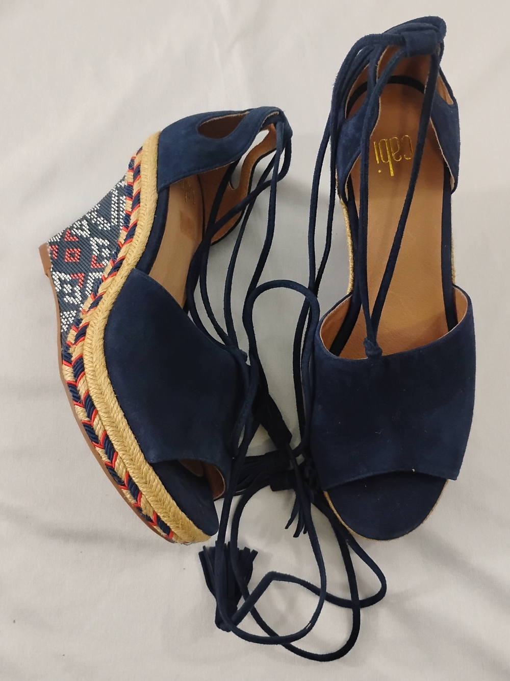 Cabi Navy Suede Espadrille Wedge Sandals with Lace-Up Tie Size 6